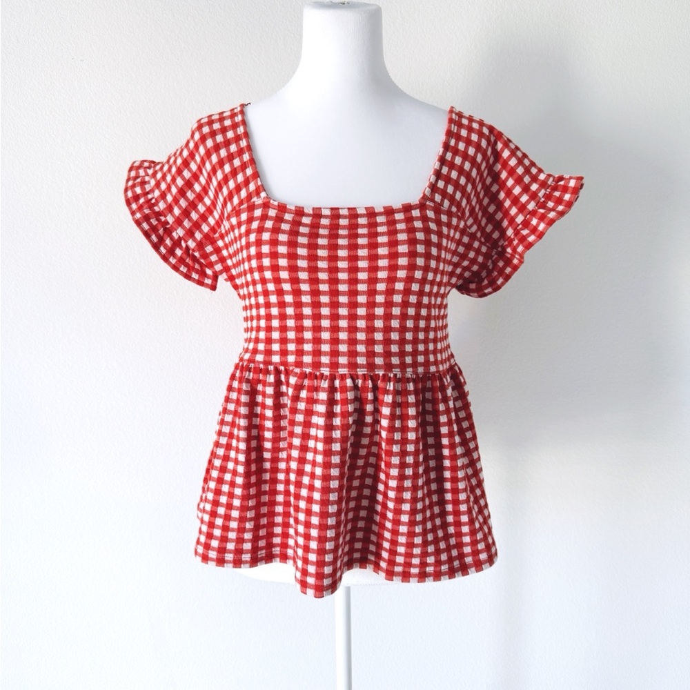 SOLD Madewell Red Checkered Peplum Top